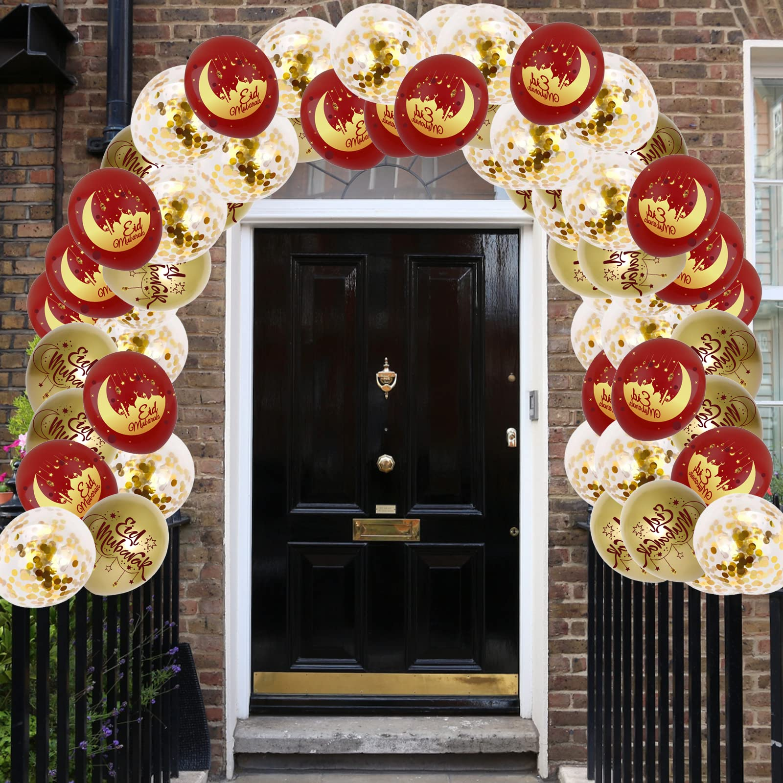 (12er Set) Ø30cm Ramadan Latex Ballons Eid Mubarak Party Deko Konfetti Luftballons - Gold / Rot