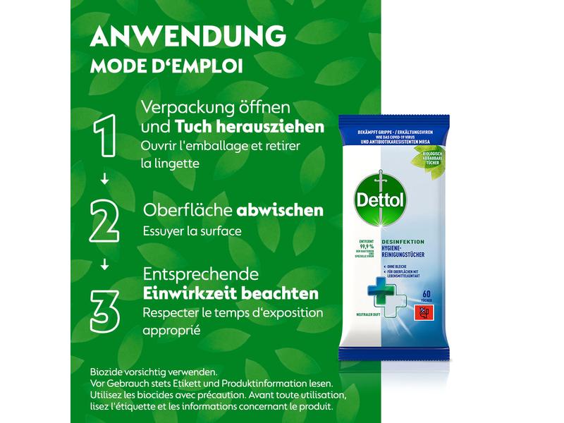 Dettol Desinfektion Hygiene-Reinigungstücher 60 Stück Antibakterieller Oberflächenreiniger mit neutralem Duft