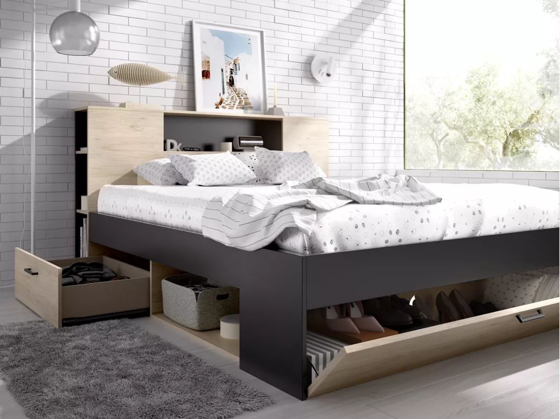 Lit avec tête de lit rangements et tiroirs - 180 x 200 cm - Coloris : Naturel et anthracite + Sommier + Matelas - LEANDRE