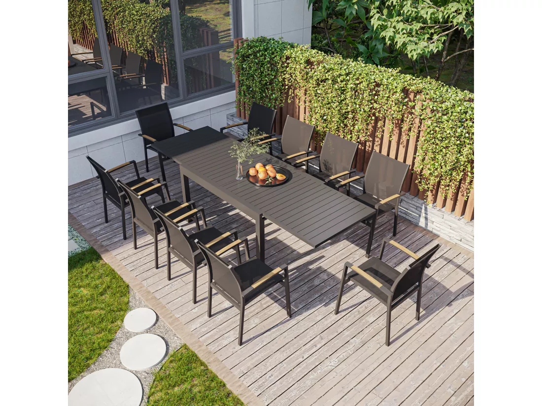 Table de jardin extensible aluminium 135/270cm + 10 fauteuils empilables textilène Gris Anthracite - LAZARE 10