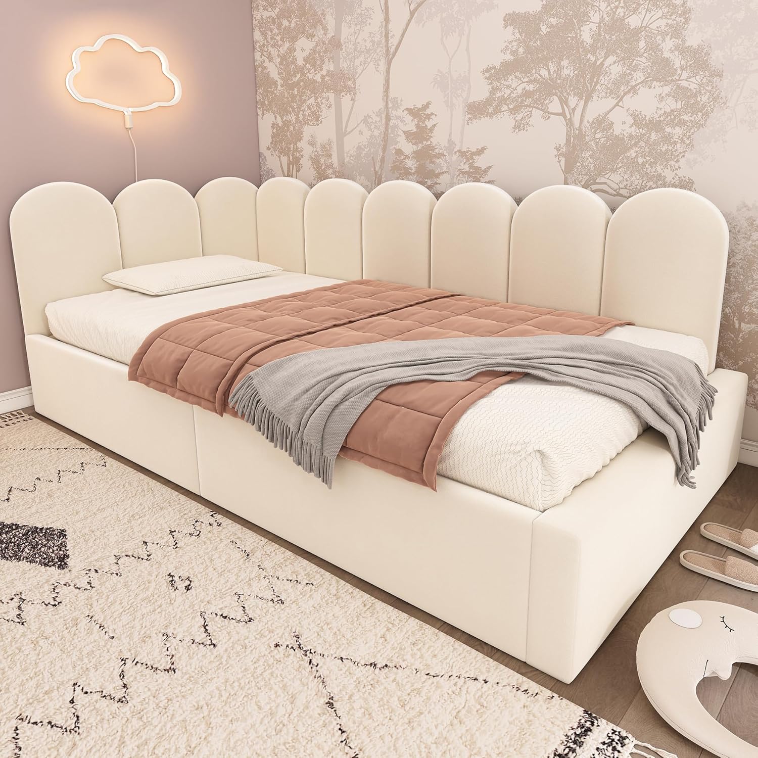 Polsterbett Daybett 90x200 cm, Tagesbett Schlafsofa Hydraulik Stauraumbett, Kinderbett mit Metall-Lattenrost, Samt, ohne Matratze, Beige
