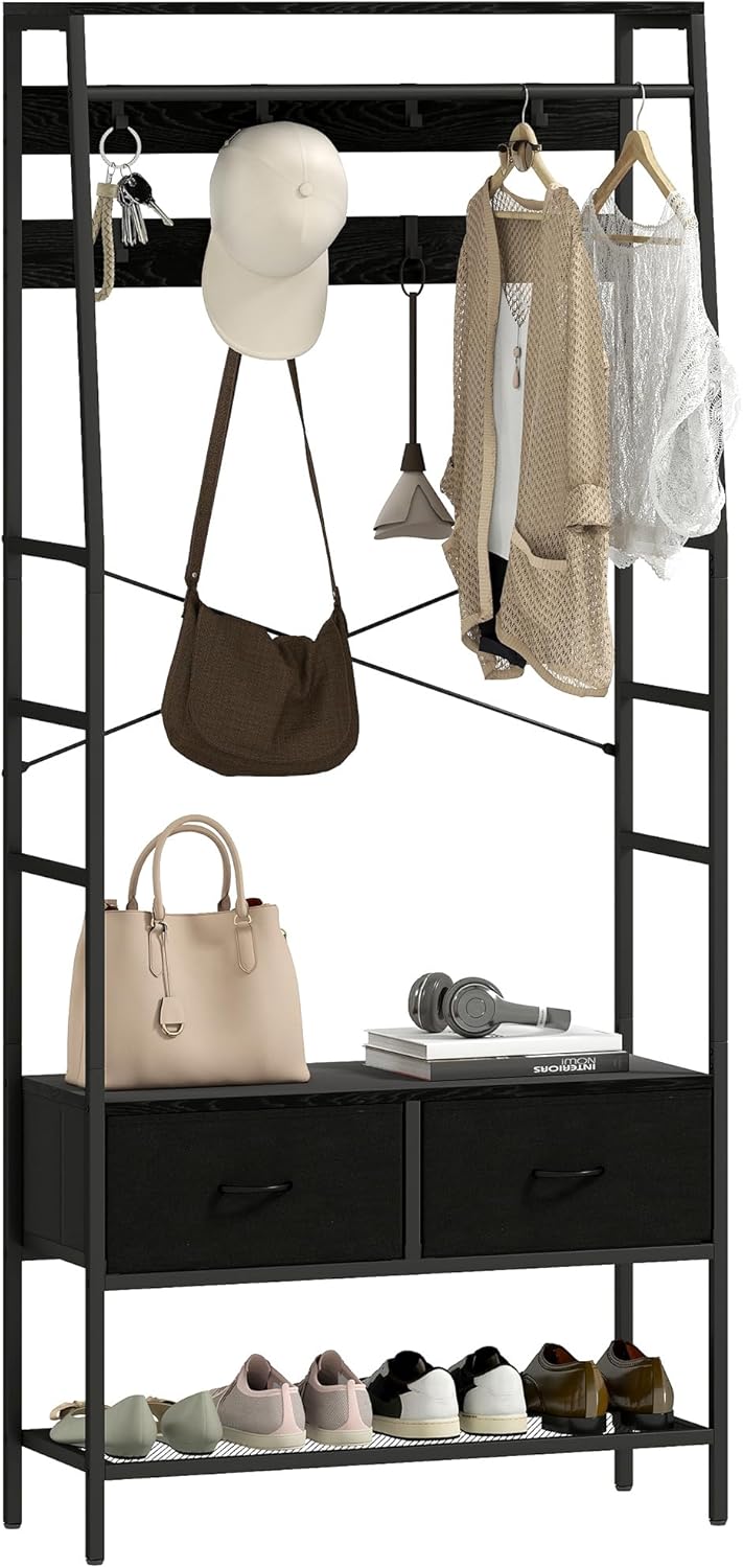 HOMCOM Garderobenständer, Kleiderständer mit Schuhregal, 2 Stoff-Schubladen, Garderobe mit 8 Haken, Ablage, Jackenständer mit Kippschutz, für Eingangsbereich, Flur, Schlafzimmer, Schwarz XB5340876