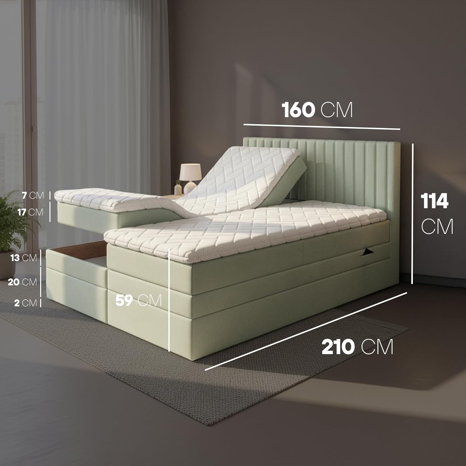 TRADA Boxspringbett ADÈLE 160 x 200 cm – elektrische Bett mit Matratze + Tooper und Bettkasten - Stoffbezug Veloursstoff - Beige - 160 x 200 cm