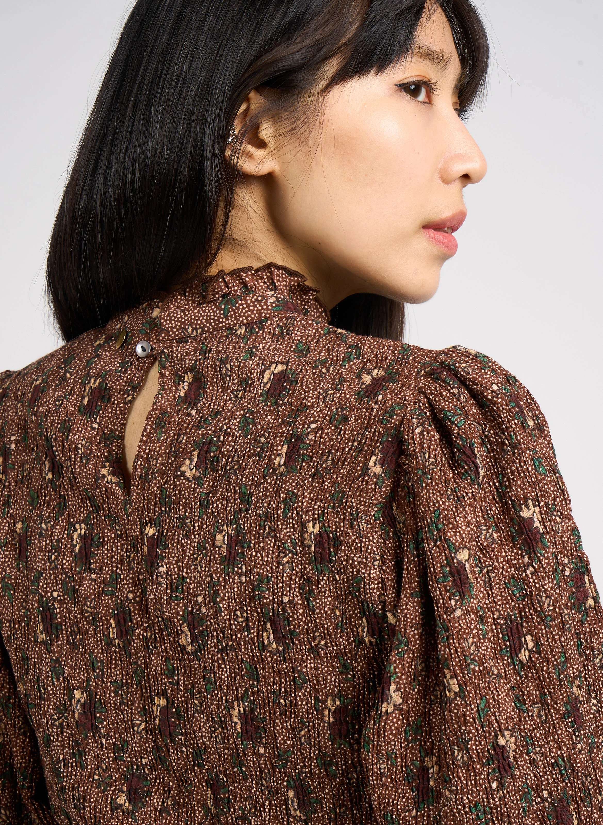 PADDY - Top col rond imprimé à smocks en coton | Marron