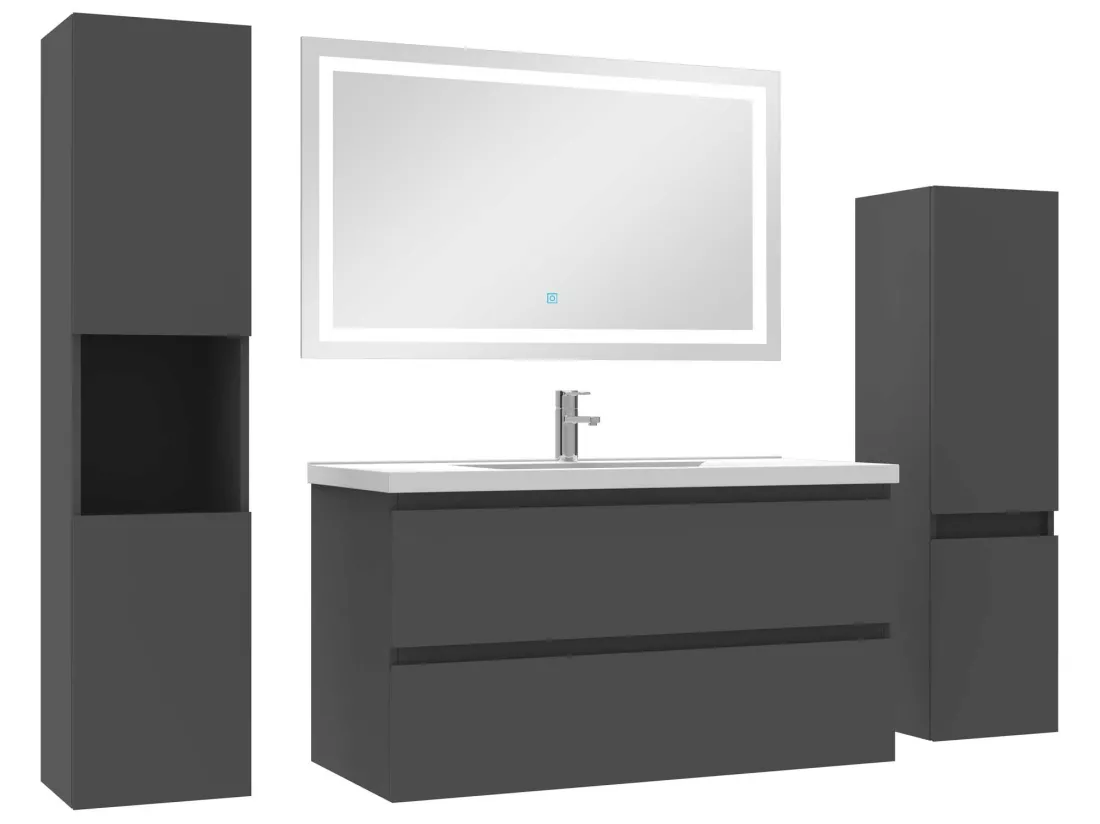 Ensemble meubles Salle de Bain 100cm vasque + colonne + miroir LED Anthracite