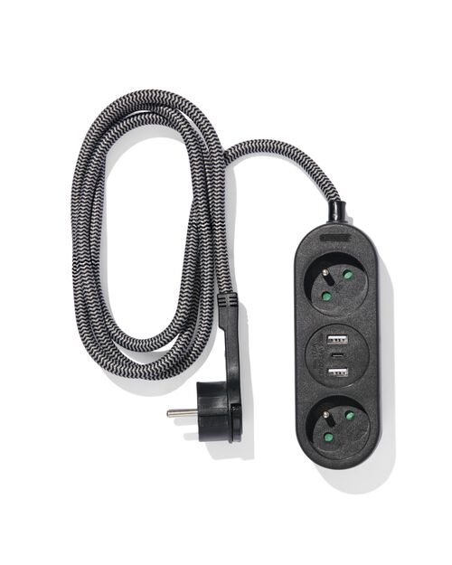 bloc multiprise 2 prises avec USB 1,5m noir
