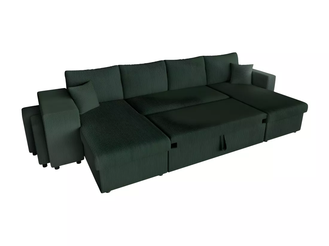 Canapé panoramique Oslo convertible avec 2 coffres, 2 poufs à gauche en velours côtelé vert foncé - L311 x P146 x H81cm - Loungitude