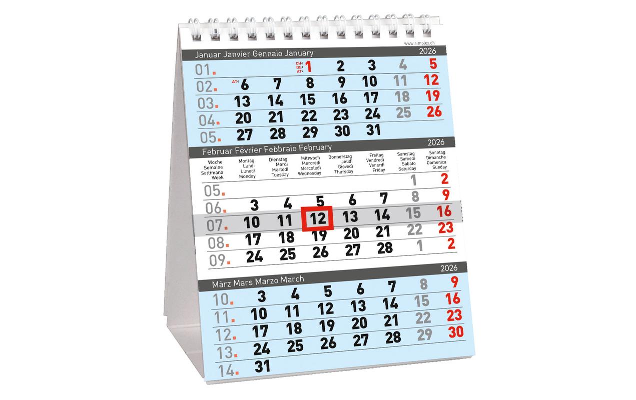 3-Monats-Tischaufsteller 2026 12.5 x 15.5 cmTischkalender