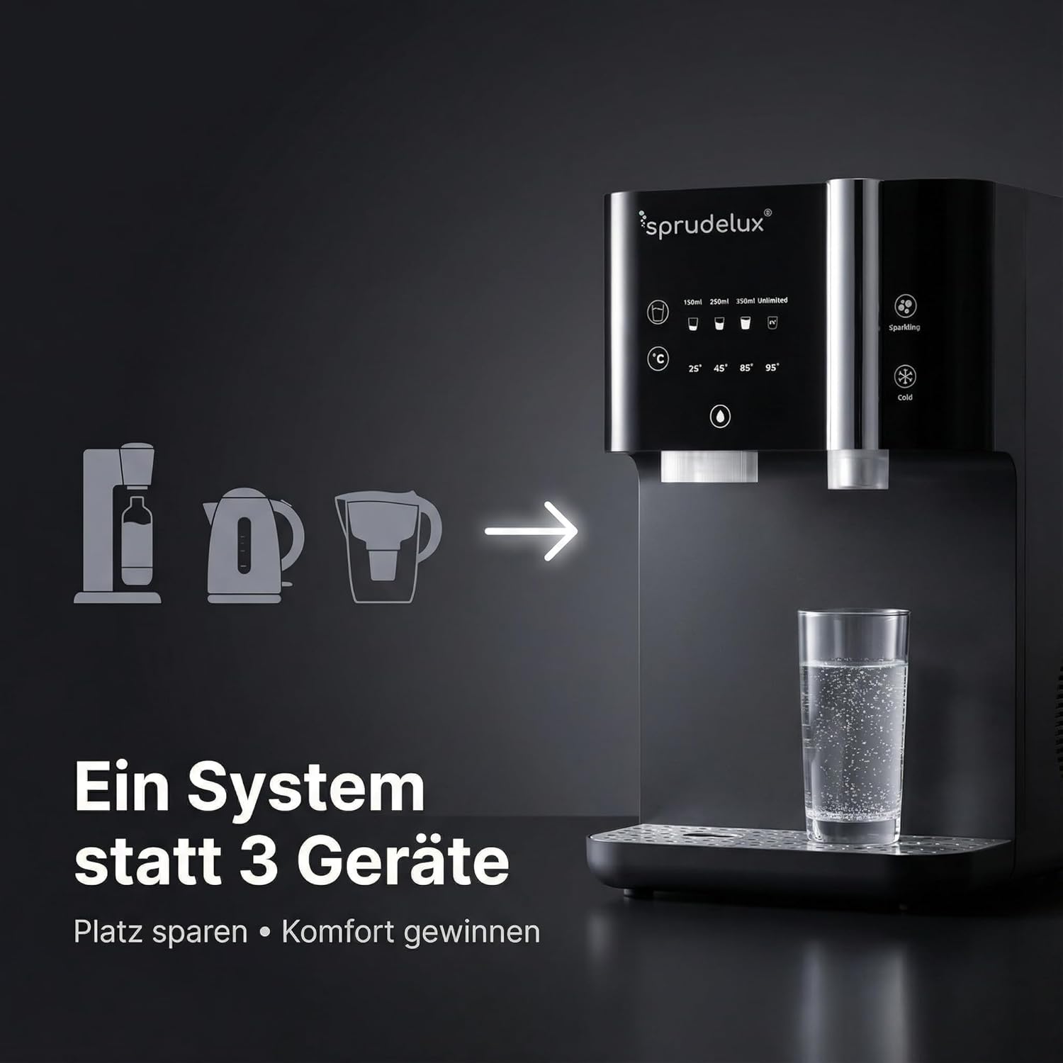 JUMAN SUPREME Wasserspender mit Sprudel & Heißwasser – Umkehrosmose Direct-Flow mit UVC – Wasserfilter mit CO2 – Auftischgerät für Küche & kleine Büros - Tafelwasseranlage | (Wassersprudler)