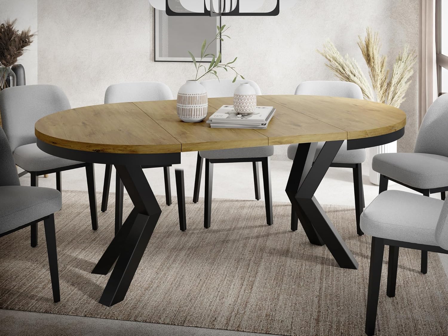 WFL GROUP Runder Ausziehbarer Esstisch im Loft-Stil - Industrieller Tisch mit Schwarzen Metallbeinen - Platzsparender Tisch für Wohnzimmer - Lancelot Eiche - 100 bis 180 cm