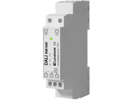 DALI relæ modul med 16 ampere skiftekontakt. Til on/off styring af lyskilder eller 230V el-apparater. Monteres på DIN-skinne.