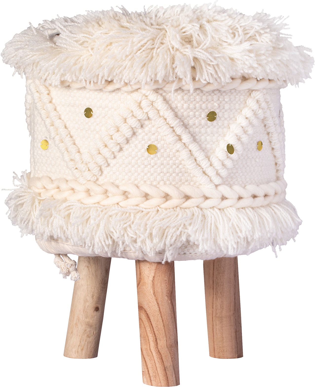 Kayoom Sitzhocker »Hocker Bohist 525, charaktergebende Strukturen mit Fransen und Quasten« 1 Stk. tlg. handgefertigtes Unikat, Boho-Style, gut kombinierbar