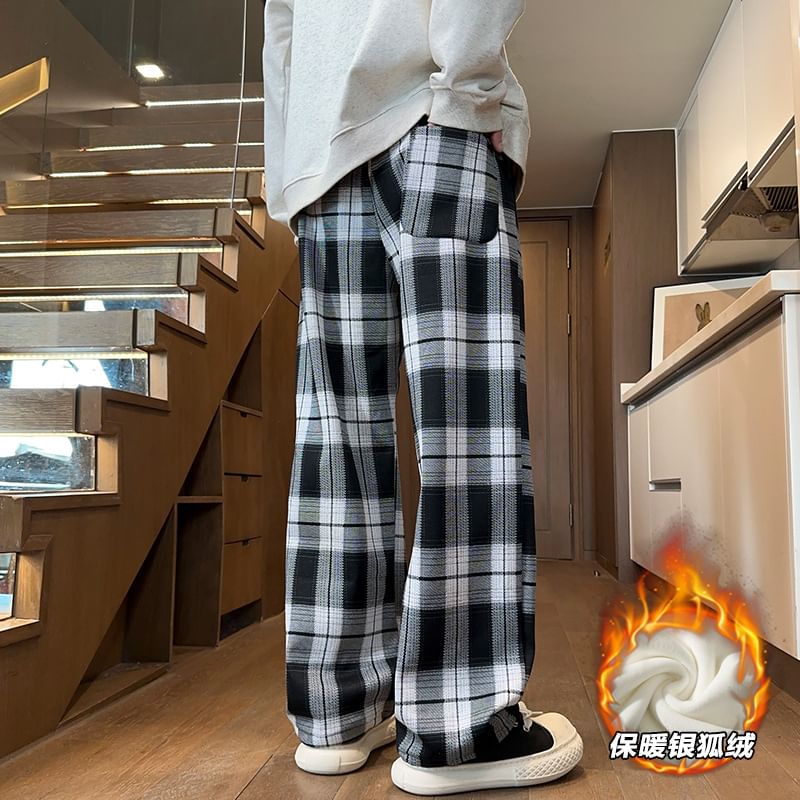 Obikan - Geruite rechte broek met trekkoordtaille