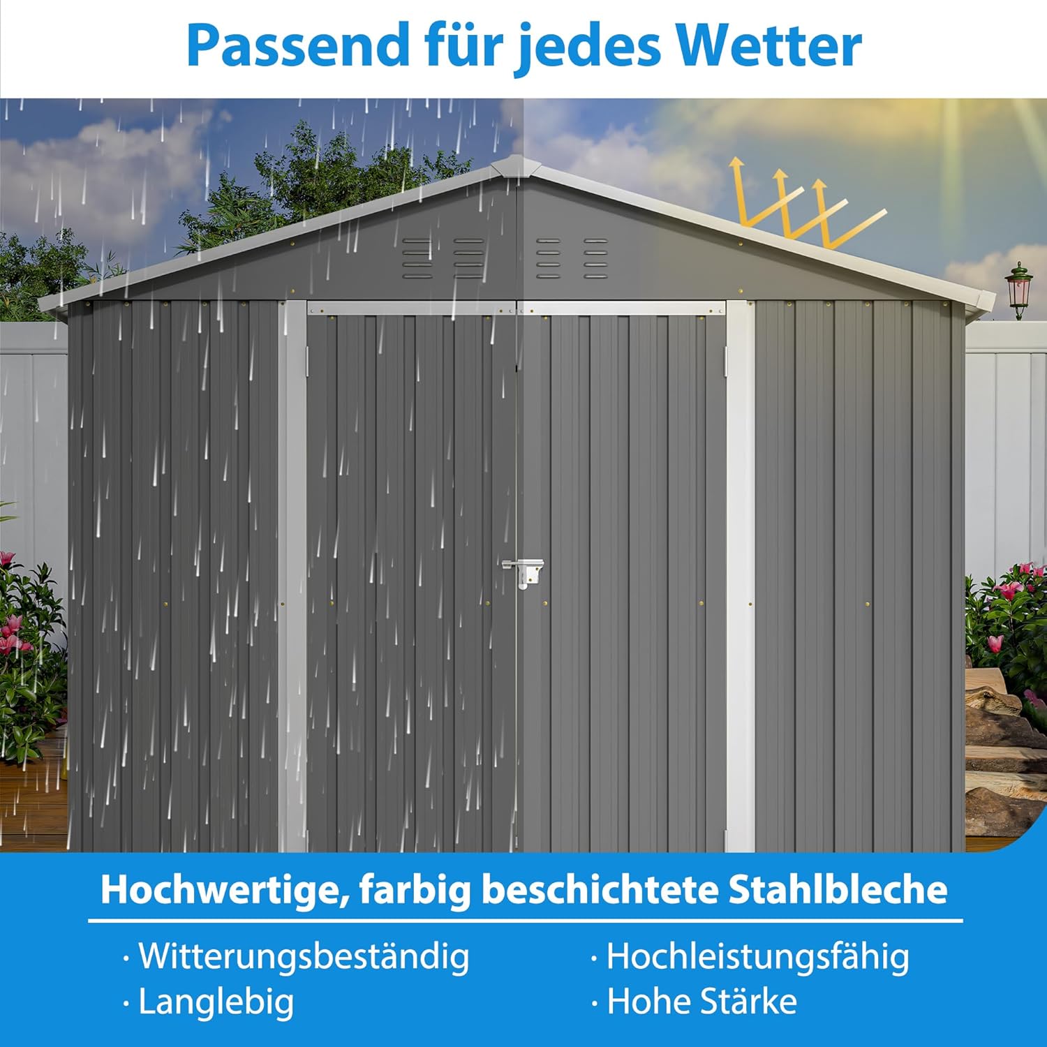 Metall Gerätehaus 9m³ Gerätehaus mit Pultdach,Gartenhaus Geräteschuppen Garten Schuppen Inkl. Metallfundament (ohne Boden), Geräteschrank für Garten,Grau
