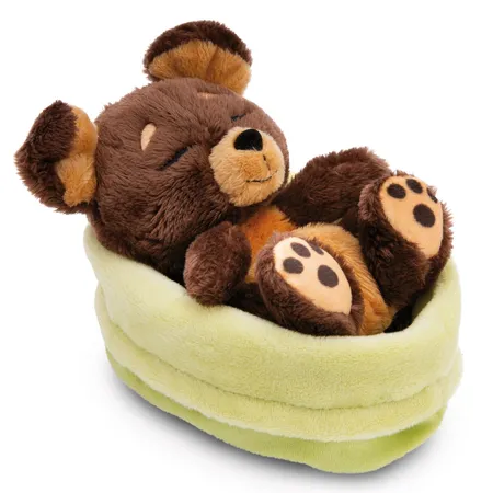 NICI Kuscheltier Hund braun 12cm schlafend im Körbchen grün GREEN