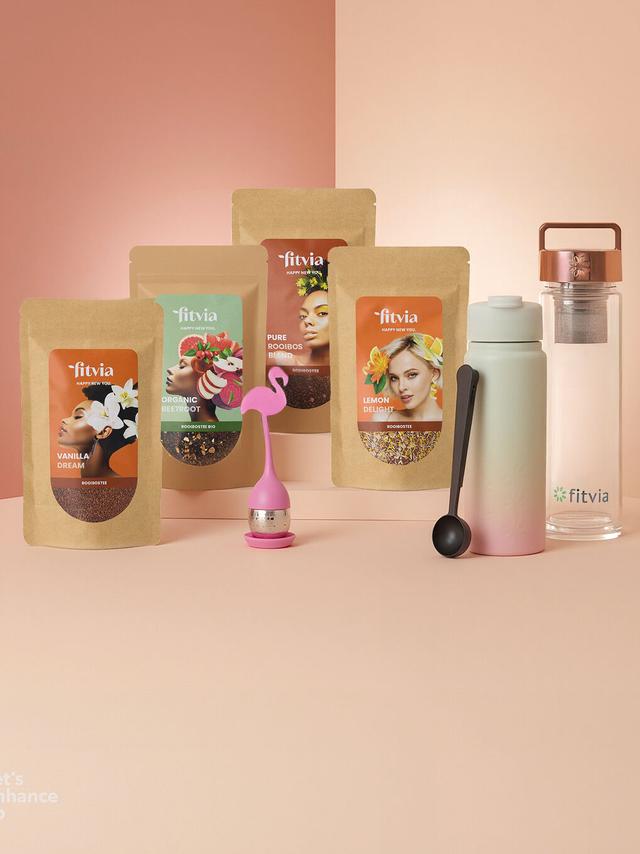 Rooibos Tee Set mit 4 verschiedenen Teesorten, 2 Flaschen, Tee-Ei & Teelöffel, 8-teilig