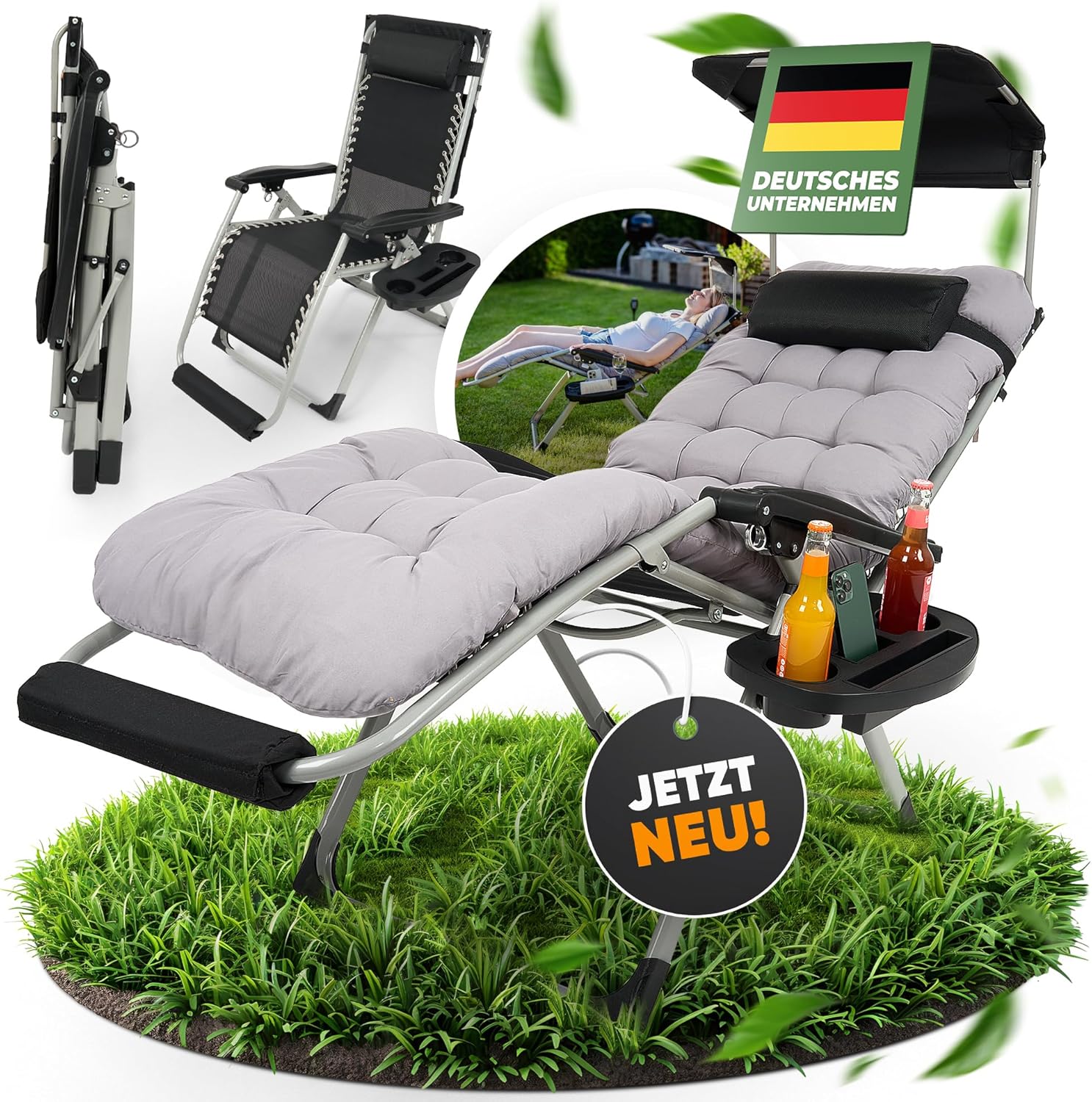 NatureLiving® Sonnenliege Liegestuhl klappbar- Robust, Faltbar & Wetterfest - Gartenliege mit Sonnendach für Garten und Balkon, Klappliege, Balkonliege, Outdoor Liege, Relaxliege, Belastbar 200kg