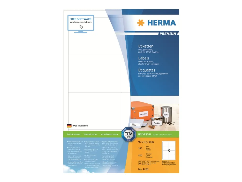 HERMA Premium - Papir - mat - permanent selvklæbende - hvid - 97 x 67.7 mm 800 etikette(r) (100 ark x 8) laminerede etiketter