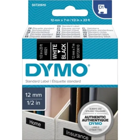 Dymo D1 Schriftbandkassette weiß/ schwarz, 12 mm x 7 m