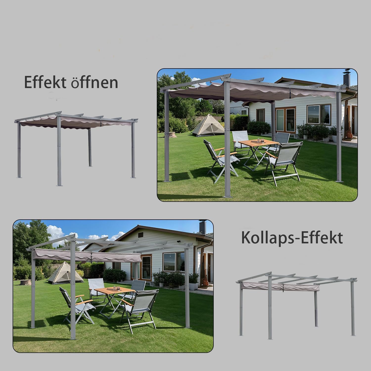 Garten Pergola 3 x 4 m Pavillon Gartenpavillon aus Aluminium in anthrazit,Dachrohre aus Stahl,Verstellbares Dach aus Polyester UV Beschattung Grau