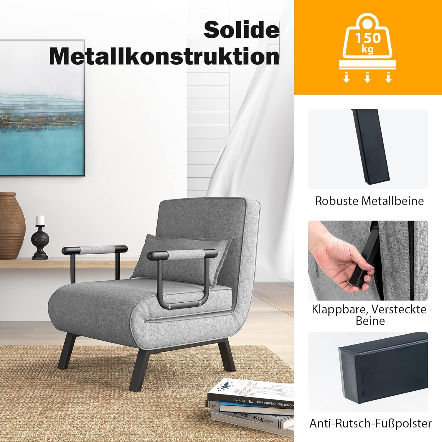 COSTWAY 4 in 1 Schlafsessel mit Bettfunktion, klappbares Schlafsofa mit verstellbarer Rückenlehne & abnehmbarem Kissen, Klappsessel, Klappbett, Sofabett mit Metallrahmen bis 150 kg belastbar, Hellgrau