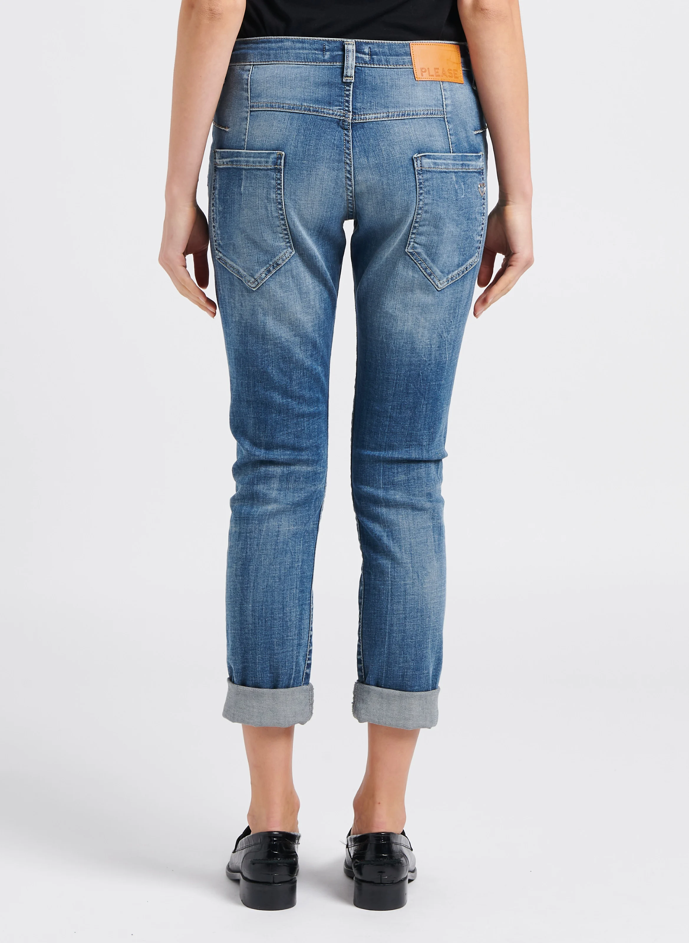 Jean droit délavé en coton| Bleu