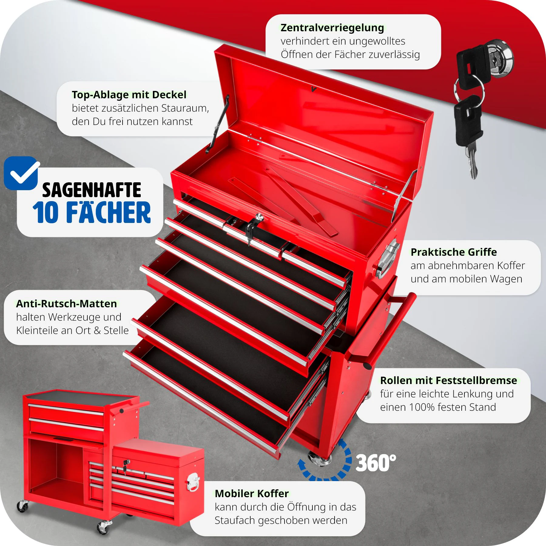 tectake® Werkzeugwagen, 8 kugelgelagerte Schubladen mit Antirutschmatten, großes Klappfach, mobiler Kofferaufsatz mit zentraler Sicherheitsverriegelung, Rollen Ø 100 mm