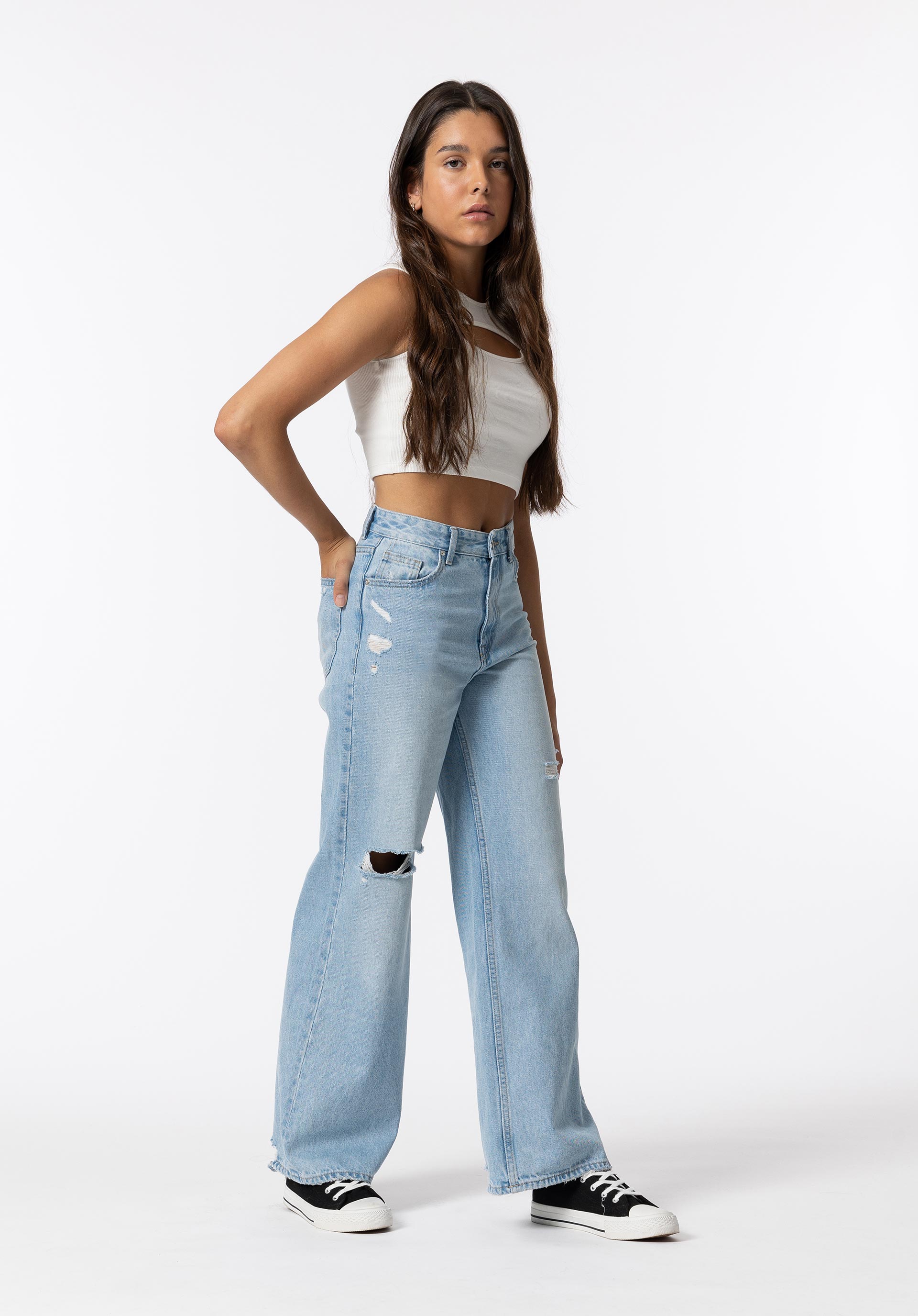 Jeans Kylie Wide Leg Cintura Alta C/ Rasgões