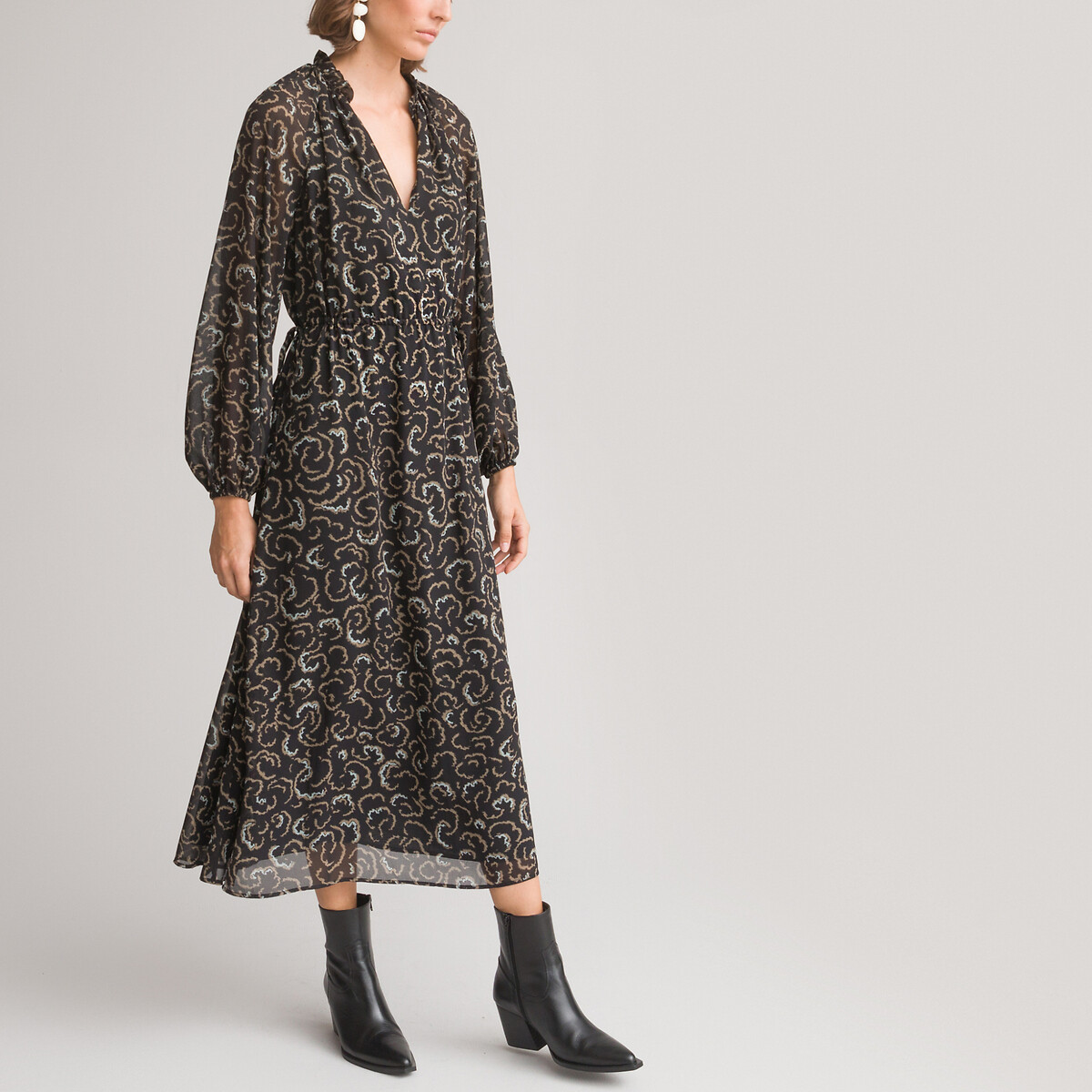 COLEÇÃO LA REDOUTE<br>Vestido longo, decote em V, mangas compridas