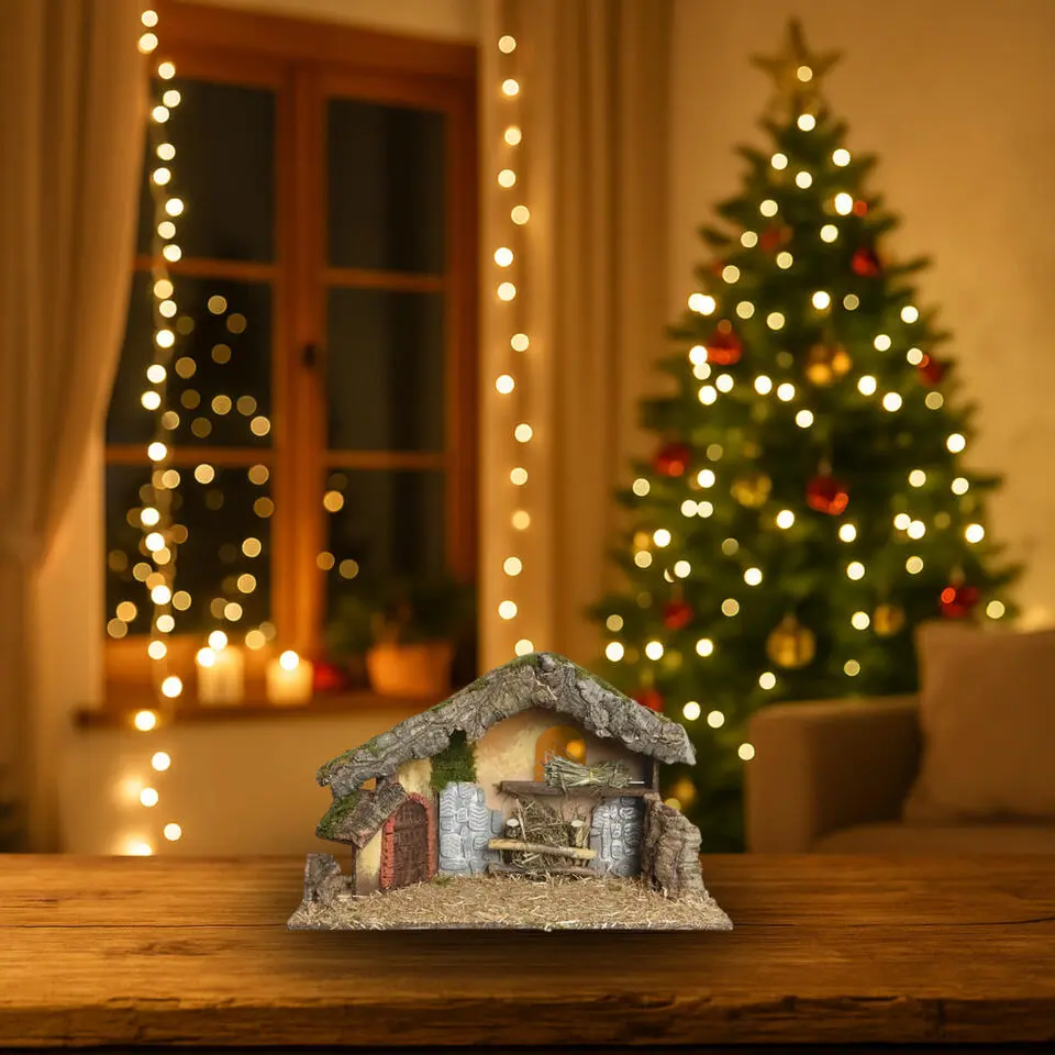 Decoris kerststal leeg - bruin - hout/mos/stro - 50 cm