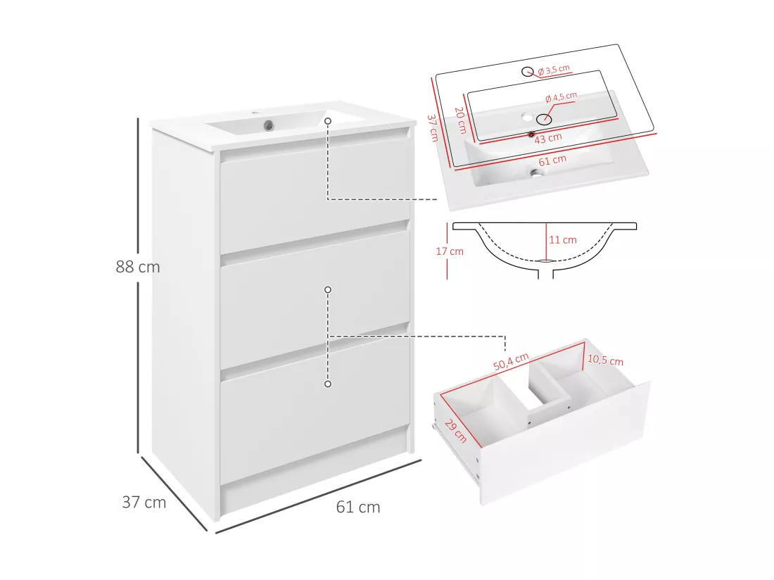 Meuble sous-vasque - vasque céramique incluse - 2 tiroirs - dim. 61L x 37l x 88H cm - blanc laqué