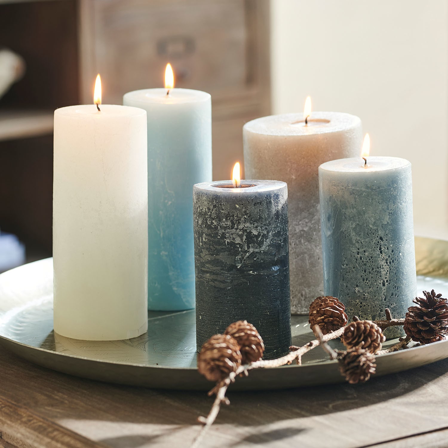 Kerze 5er Set Panagra blau/grau