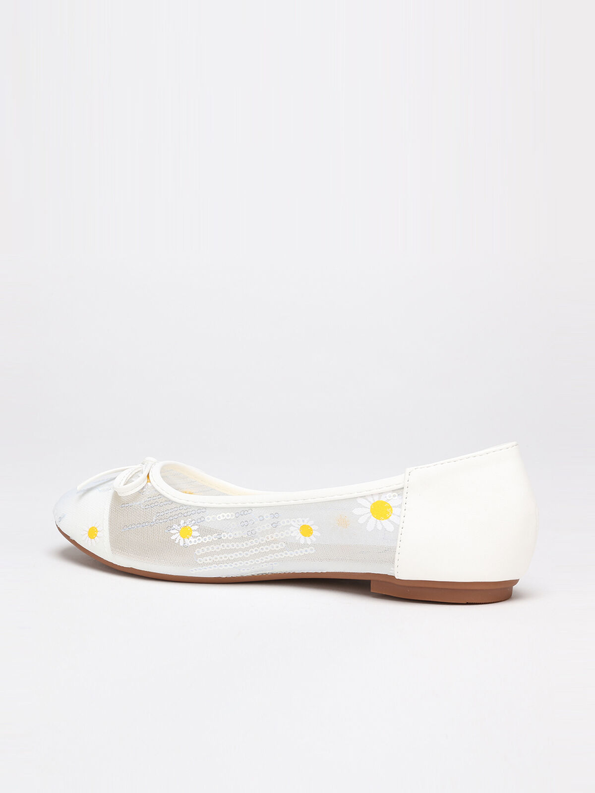 Ballerines bi-matières avec sequins et pâquerettes- Blanc