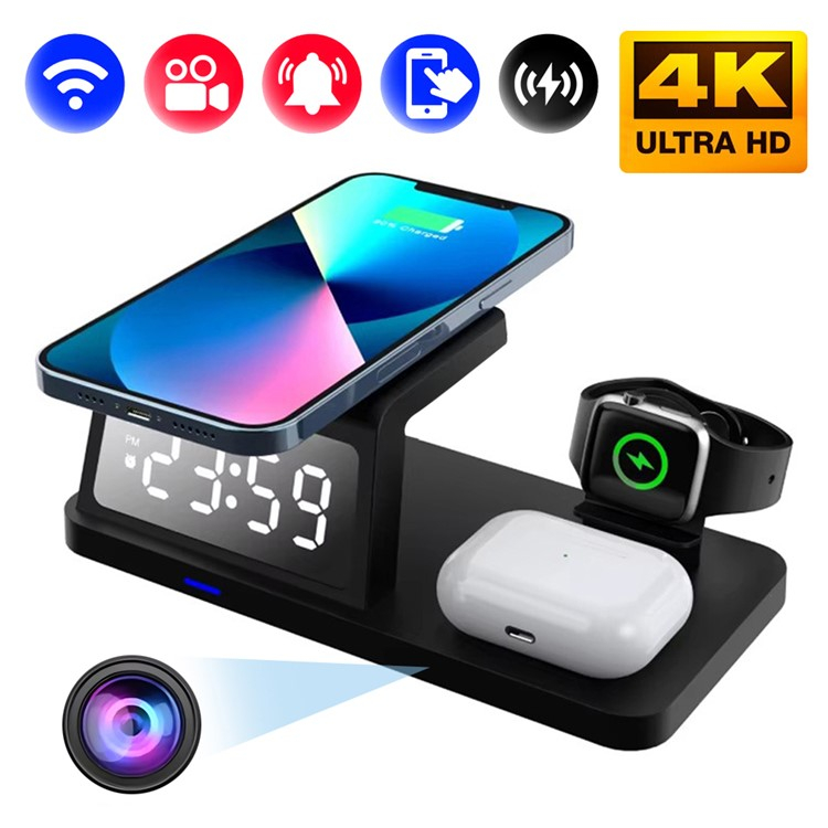 (15W) 3 in 1 Ladestation für iPhone / Apple Watch und AirPods mit eingebauter 4K-Kamera / Wecker-Funktion und microSD-Slot (iOS/Android) - Schwarz