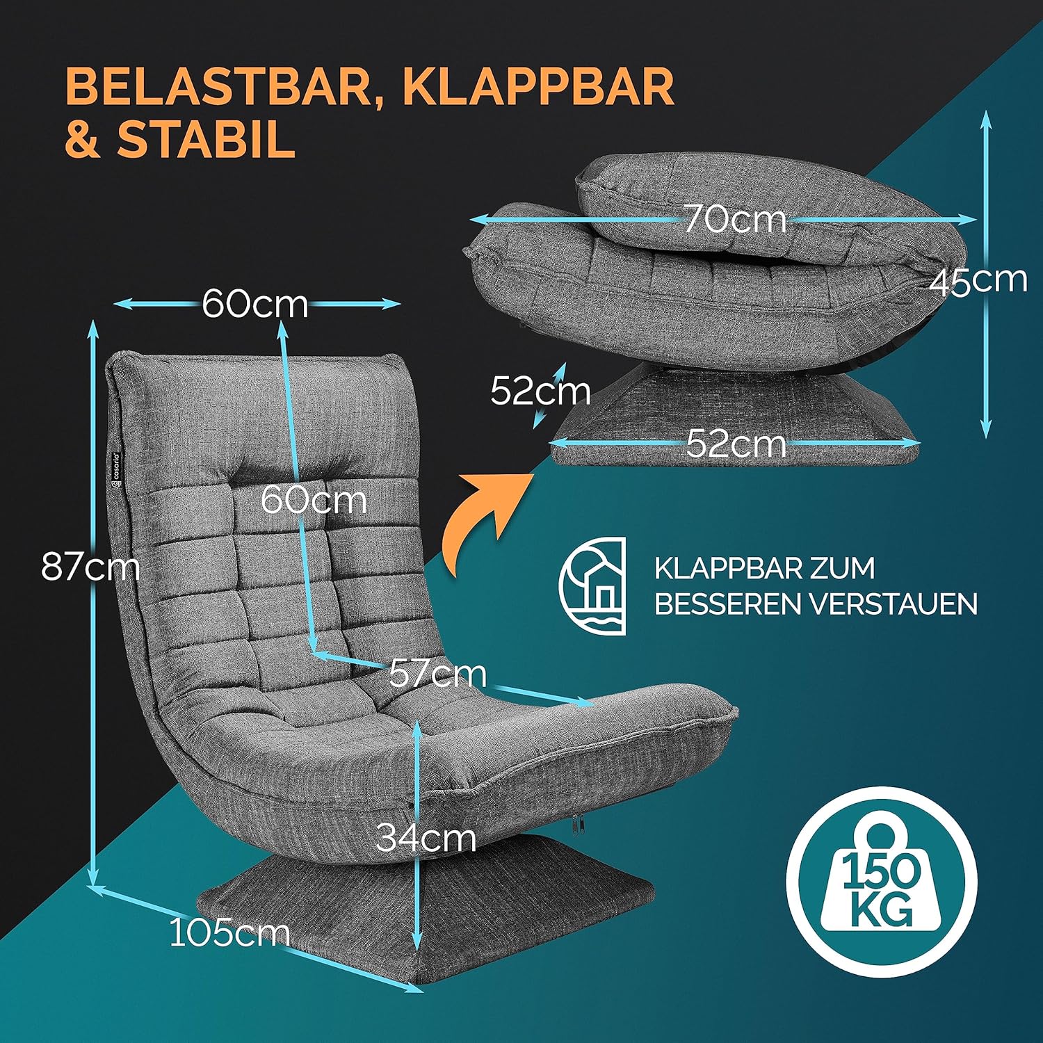 Casaria® Sessel verstellbare Rückenlehne 360° Drehbar Klappbar 150kg Belastbarkeit 60x105x87cm Gepolstert Wohnzimmer Gaming Relax Boden Lounge Sessel Grau
