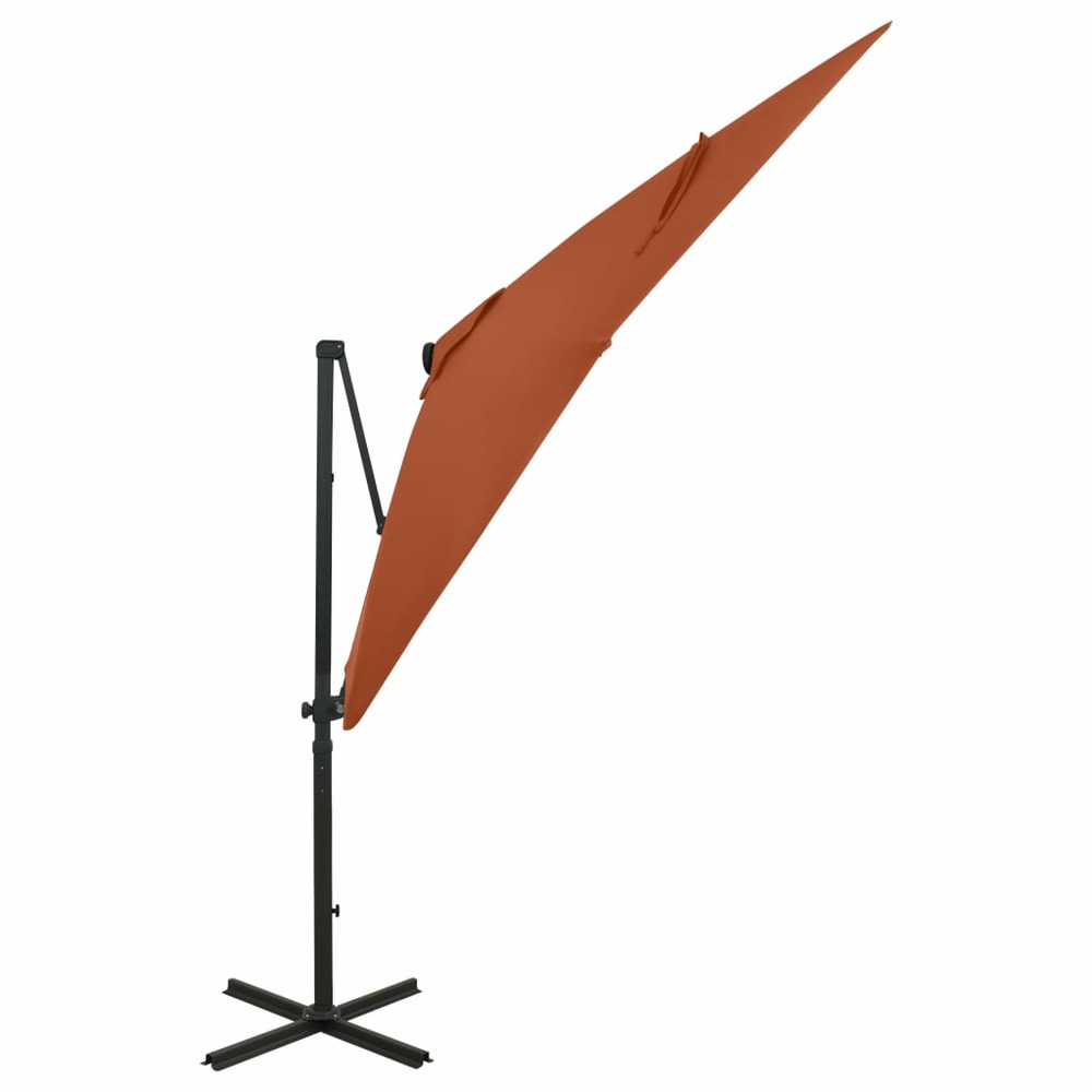 Parasol meuble de jardin déporté avec mât et lumières led 250 cm terre cuite