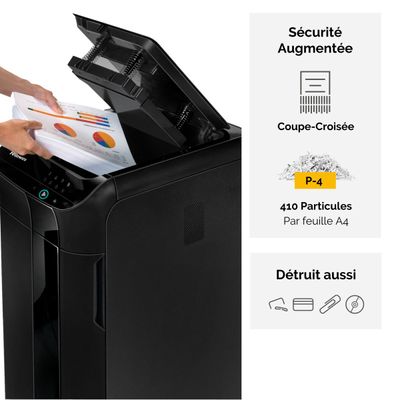 Fellowes AutoMax 350C - destructeur de documents coupe croisée - 350 feuilles - Corbeille 68 litres - anti-bourrage - destruction silencieuse