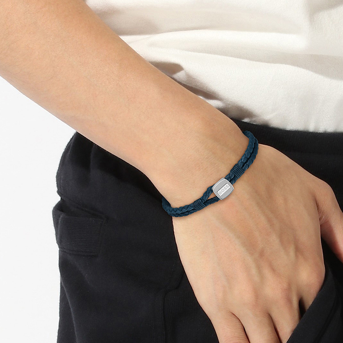 Bracelet homme Boss cuir noir acier 19 cm