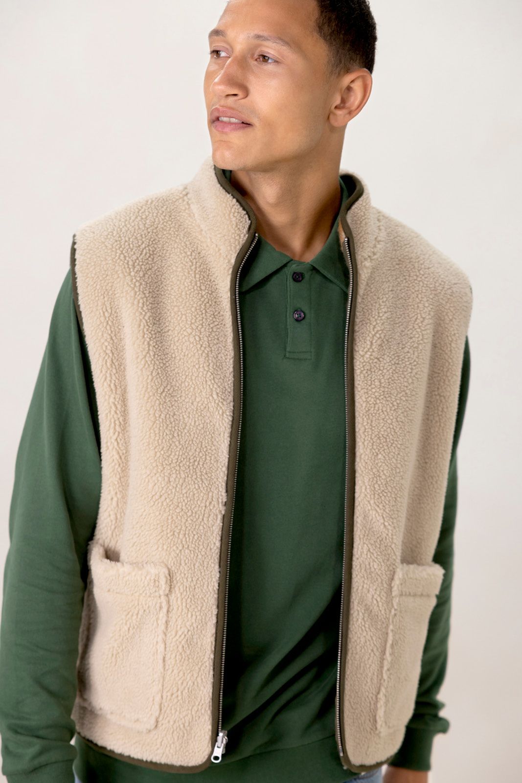 Groen geblokte reversible teddy bodywarmer