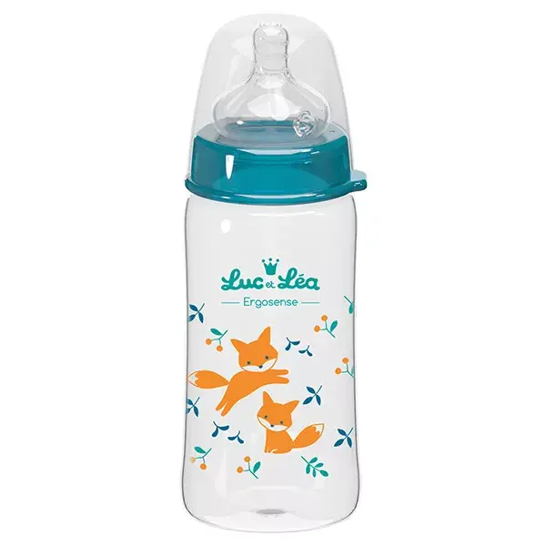 Mamadeira de vidro azul Luc and Léa com raposas, 240ml