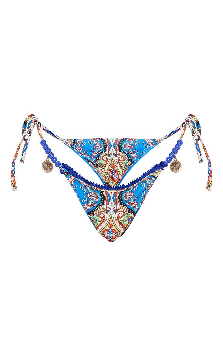 Bleu Cobalt Bas De Bikini À Imprimé Paisley Avec Ourlet Festonné Et Liens Sur Les Côtés