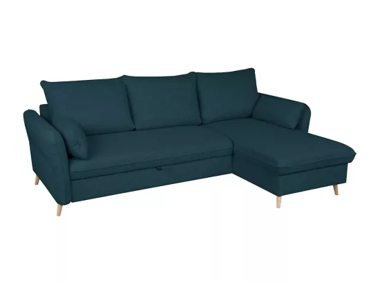 Canapé d'angle convertible réversible avec coffre 3-4 places en tissu bleu océan et bois clair DRISS