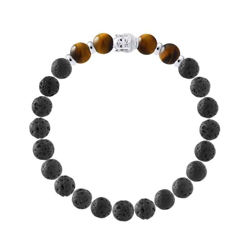 Bracelet BUDDAH OEil de Tigre Véritable - Pierre de Lave Naturelle - Argent 925