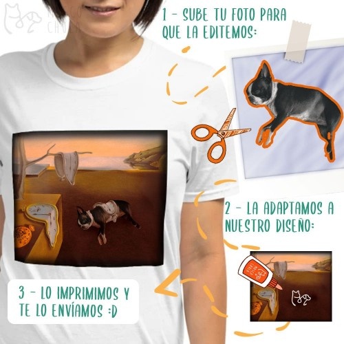 Camiseta feminina Mascochula, estampa moderna de Dali, personalizada com seu pet, branca