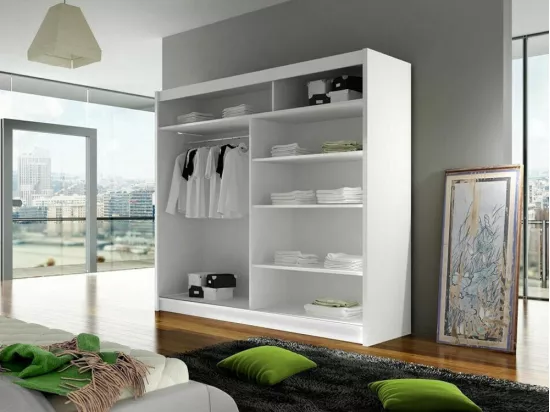 Armoire Closico 126, Blanc, 215x180x58cm, Portes d'armoire: Glissement