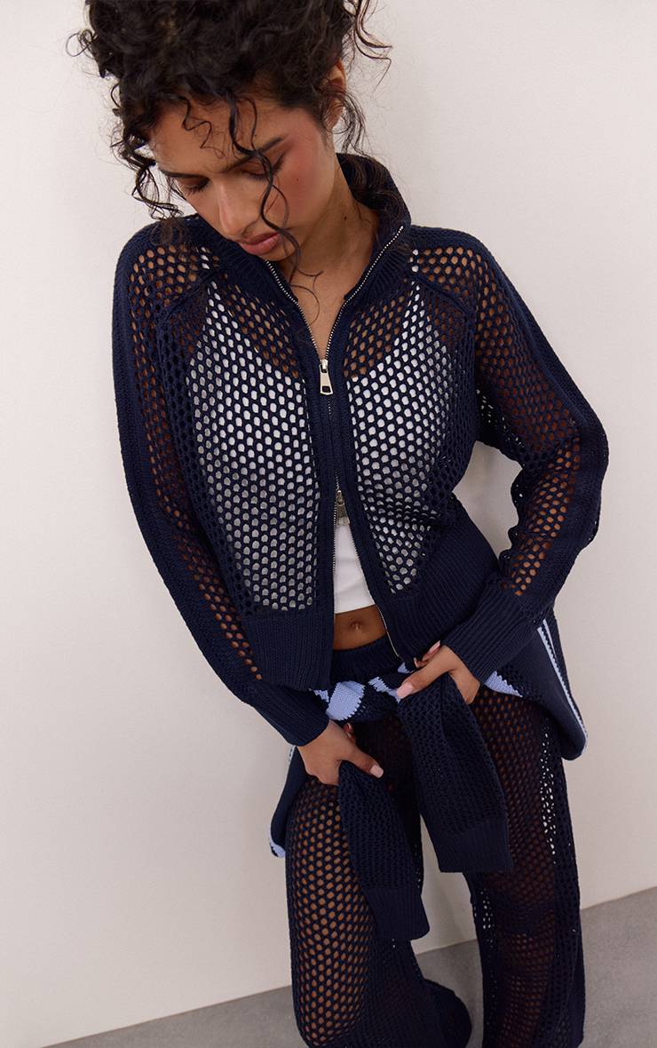 Bleu Marine Cardigan De Jogging En Maille Crochet Avec Détails Rayés