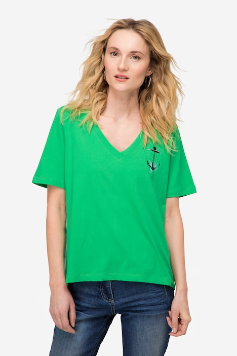 T-Shirt, A-Line, seitliches Karo, V-Ausschnitt, Halbarm