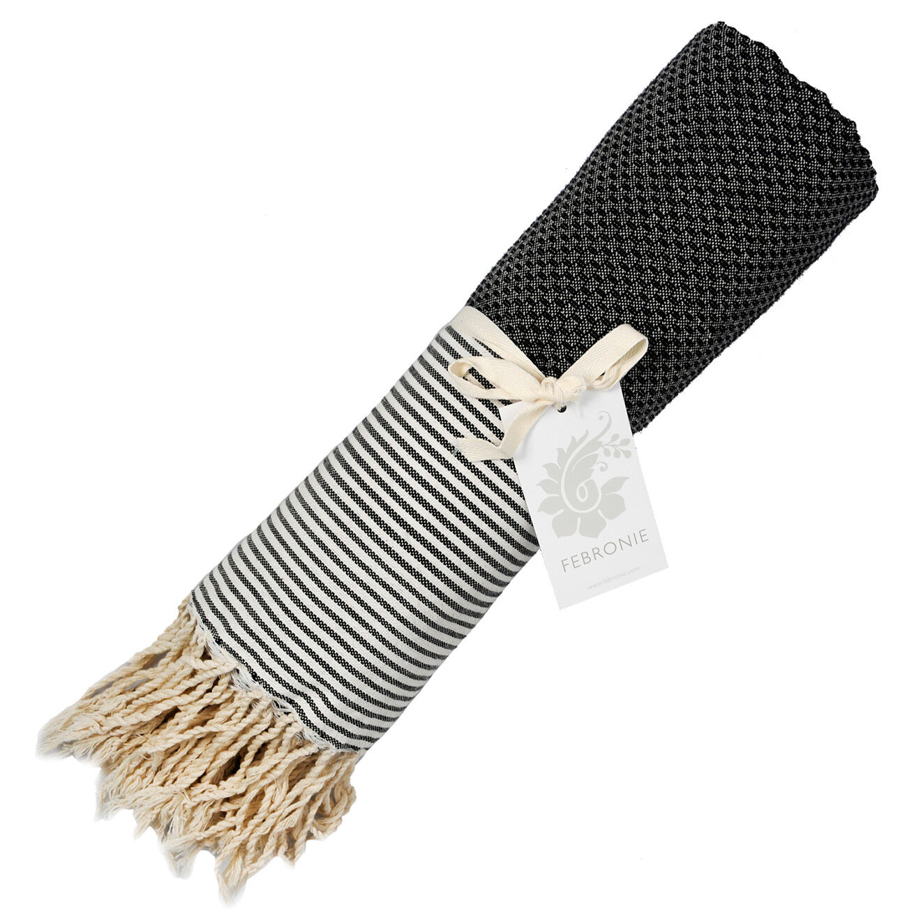 Febronie Fouta Nid d'Abeille Ibiza rayures fines noire - 100x200 cm