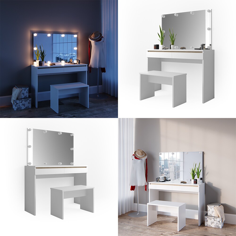 Vicco Schminktisch Emma Frisiertisch Frisierkommode Kommode Weiß Sonoma inklusive Bank, Spiegel und LED-Lichterkette