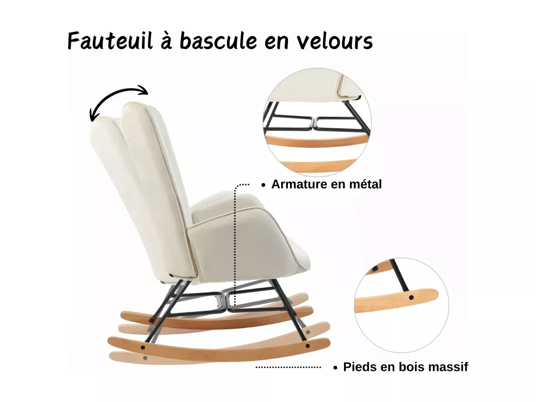 Fauteuil à bascule Scandinave velours beige Pieds en bois de hêtre EPPING VELVET BEIGE
